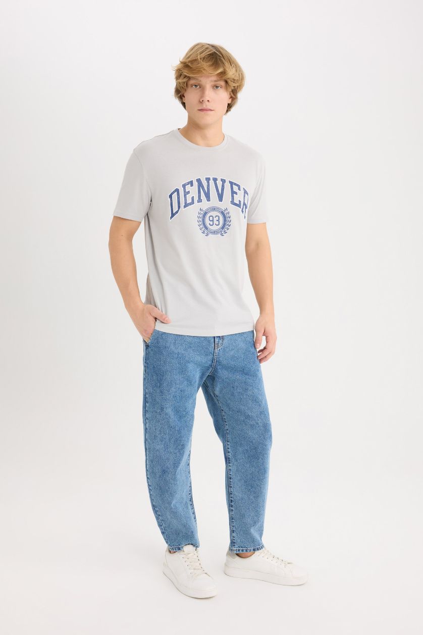 Erkek Açık Gri %100 Pamuk Regular Fit Bisiklet Yaka Baskılı Kısa Kollu Tişört