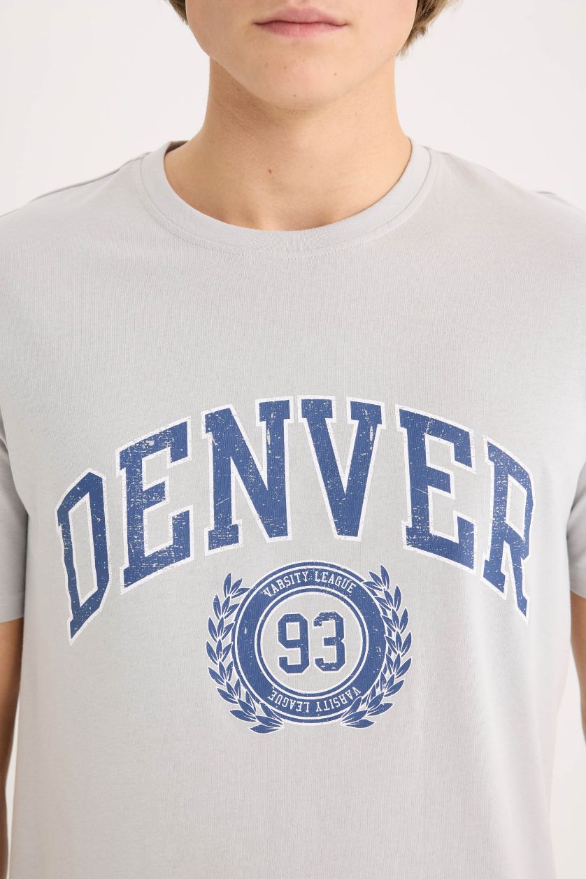 Erkek Açık Gri %100 Pamuk Regular Fit Bisiklet Yaka Baskılı Kısa Kollu Tişört