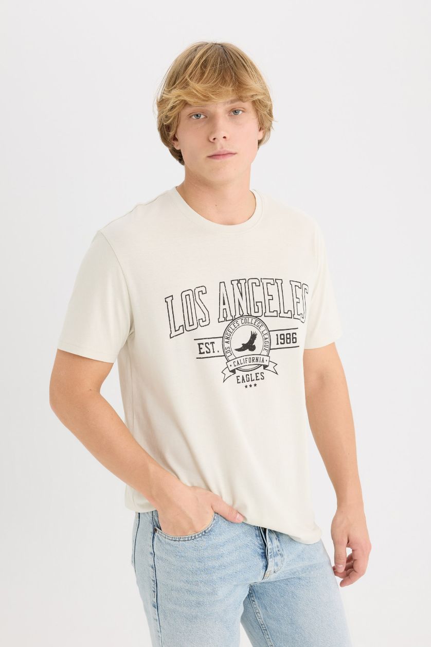 Erkek Taş %100 Pamuk Regular Fit Bisiklet Yaka Baskılı Kısa Kollu Tişört