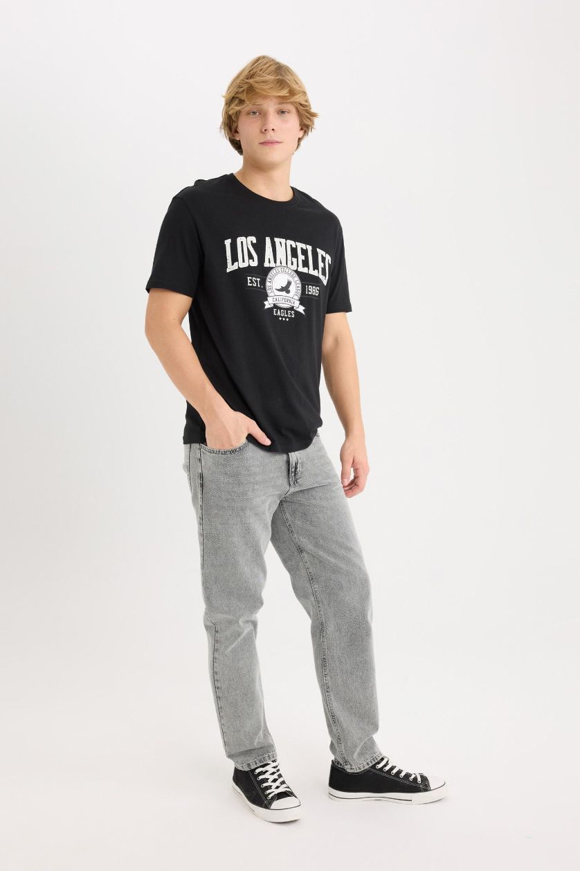 Erkek Siyah %100 Pamuk Regular Fit Bisiklet Yaka Baskılı Kısa Kollu Tişört