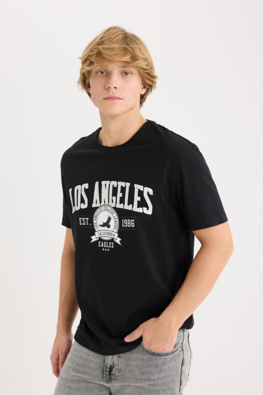 Erkek Siyah %100 Pamuk Regular Fit Bisiklet Yaka Baskılı Kısa Kollu Tişört