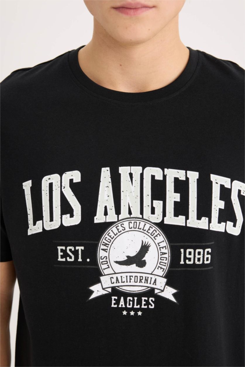 Erkek Siyah %100 Pamuk Regular Fit Bisiklet Yaka Baskılı Kısa Kollu Tişört