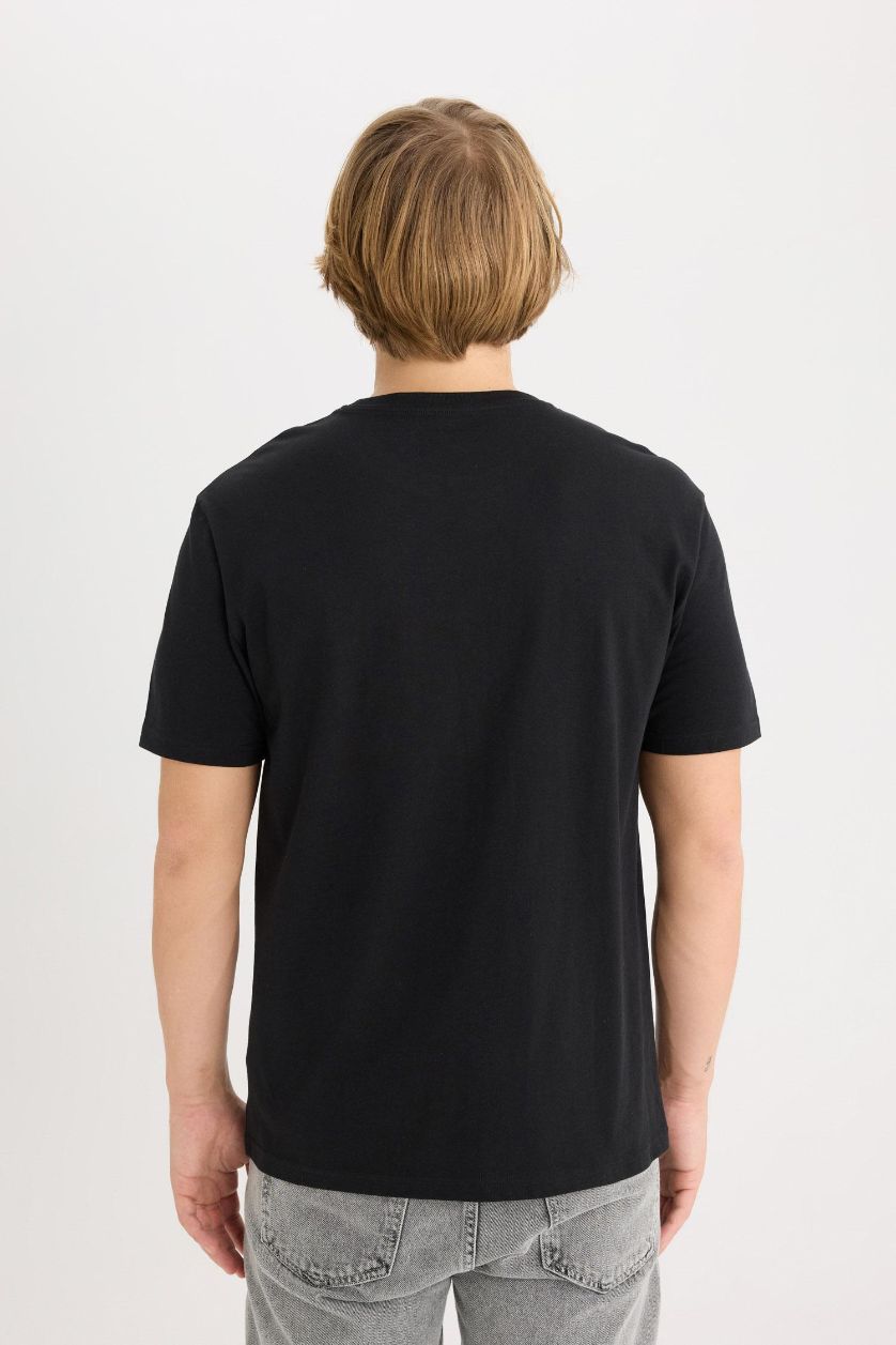 Erkek Siyah %100 Pamuk Regular Fit Bisiklet Yaka Baskılı Kısa Kollu Tişört