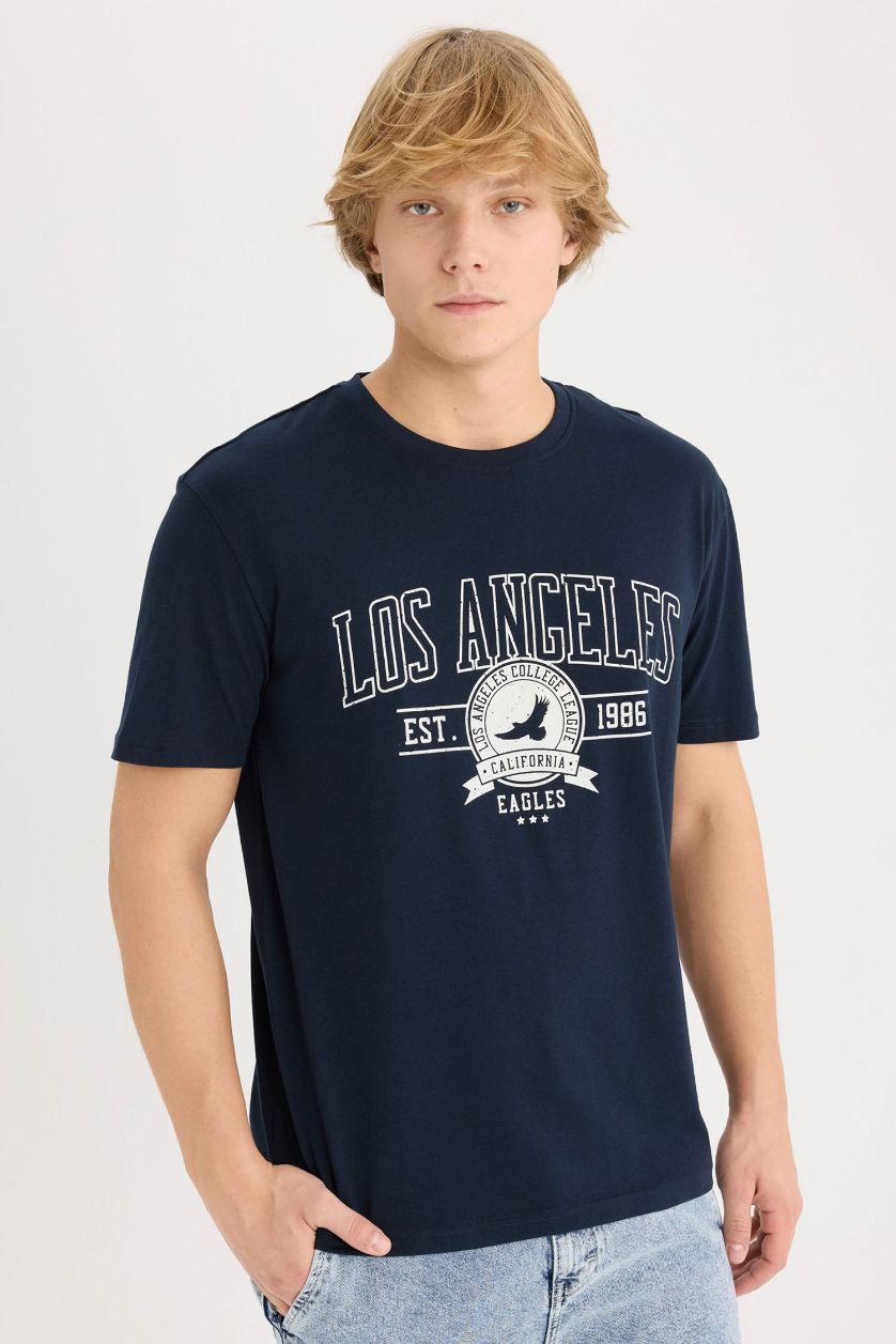 Erkek Lacivert %100 Pamuk Regular Fit Bisiklet Yaka Baskılı Kısa Kollu Tişört