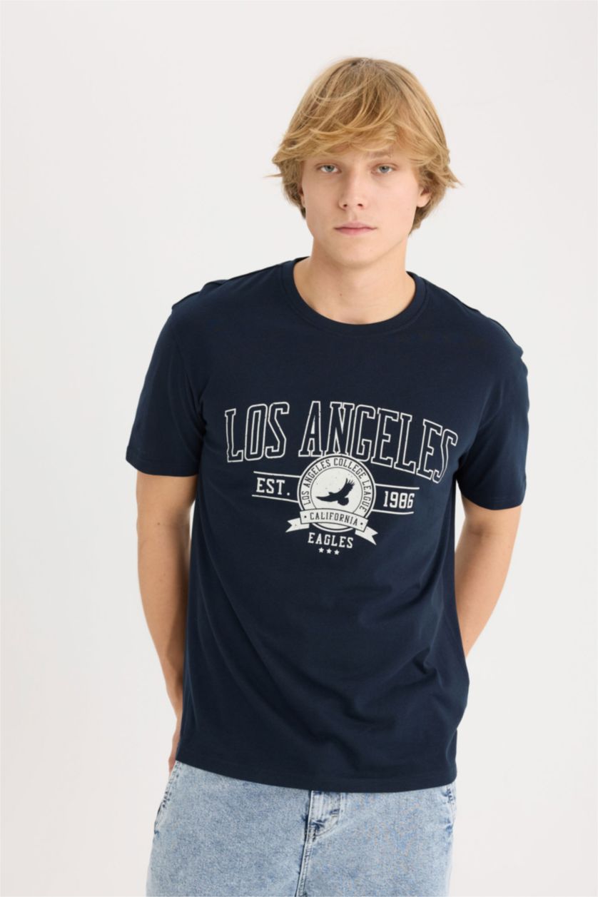 Erkek Lacivert %100 Pamuk Regular Fit Bisiklet Yaka Baskılı Kısa Kollu Tişört