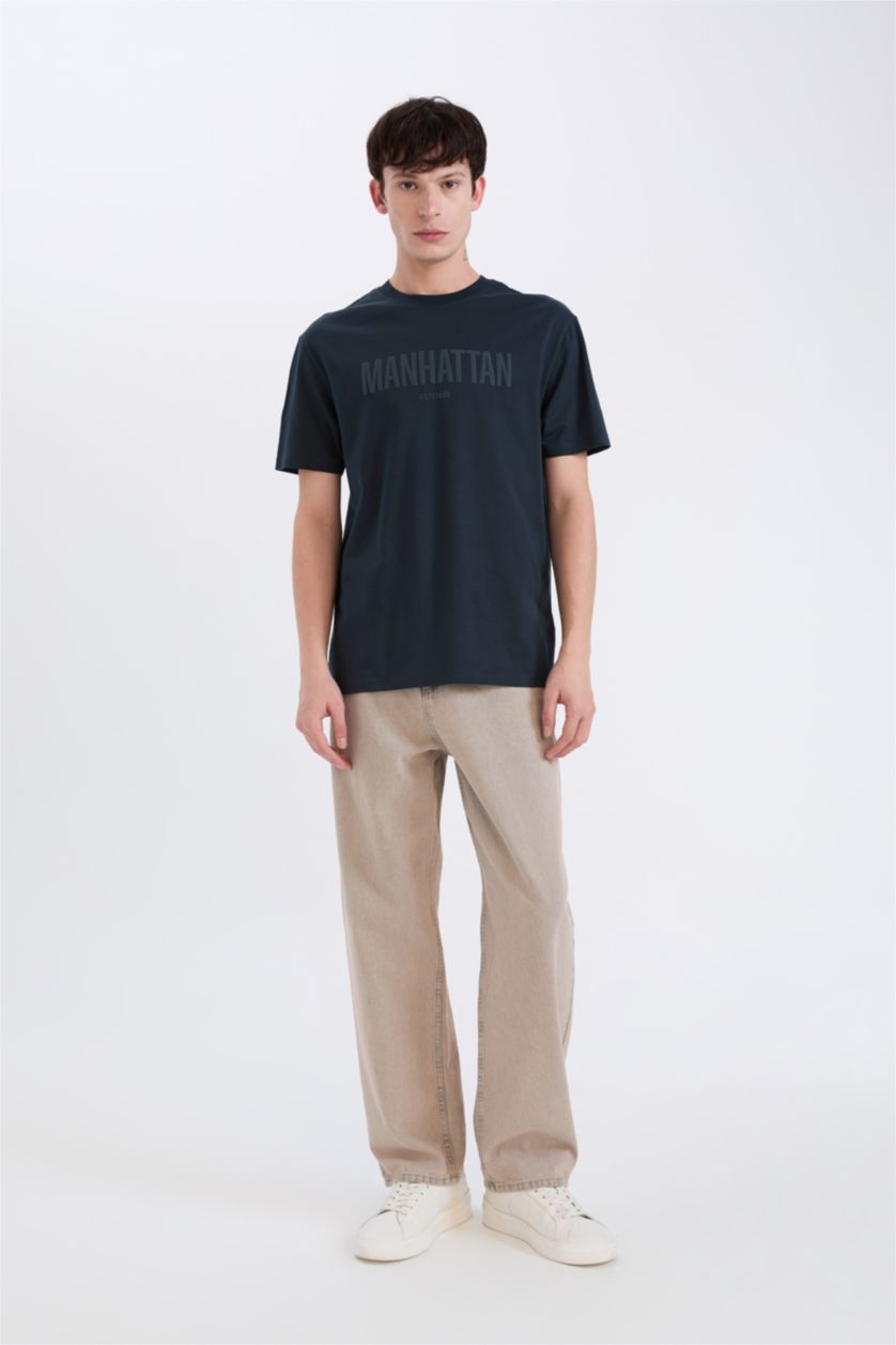 Erkek Lacivert %100 Pamuk Regular Fit Bisiklet Yaka Baskılı Kısa Kollu Tişört