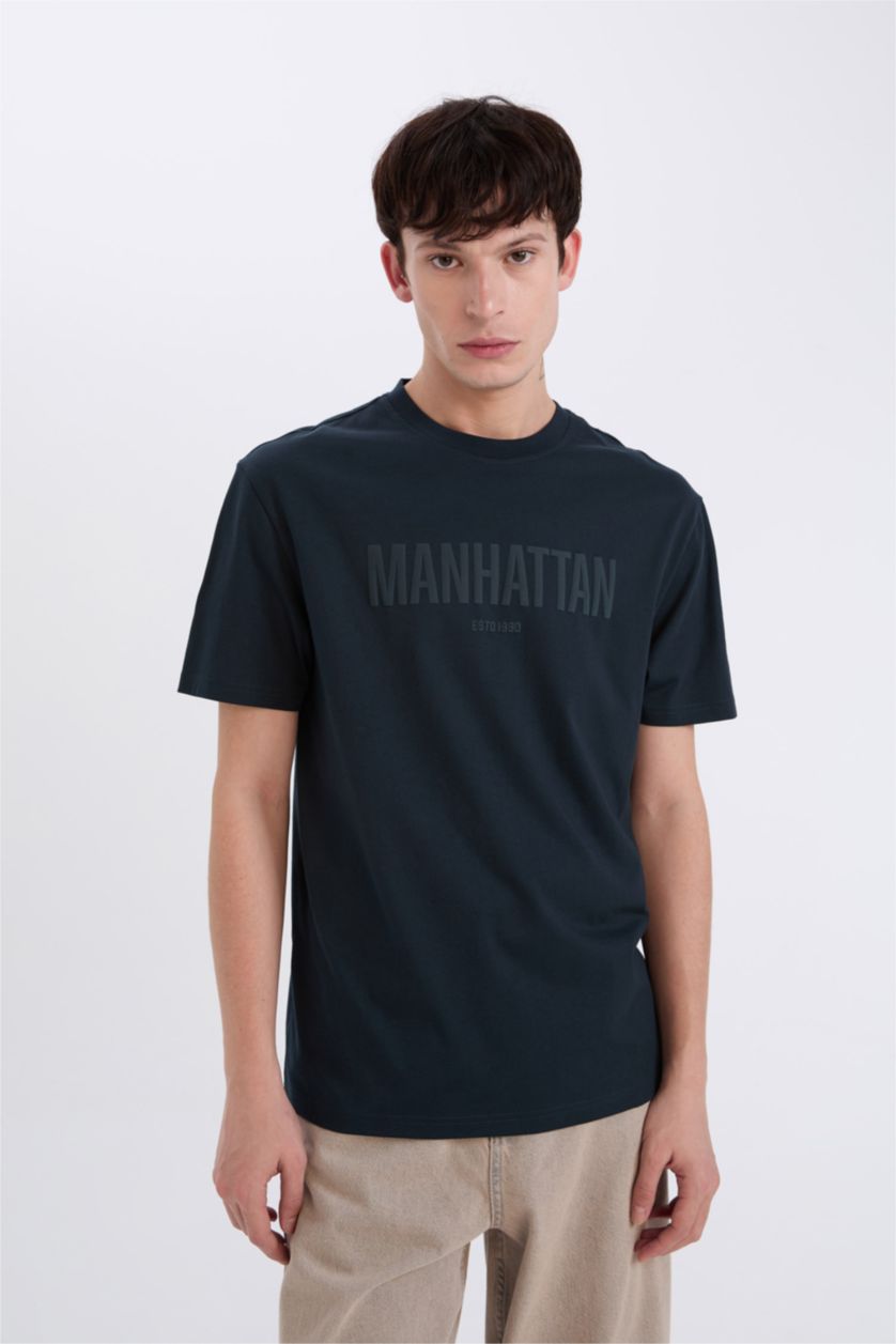 Erkek Lacivert %100 Pamuk Regular Fit Bisiklet Yaka Baskılı Kısa Kollu Tişört