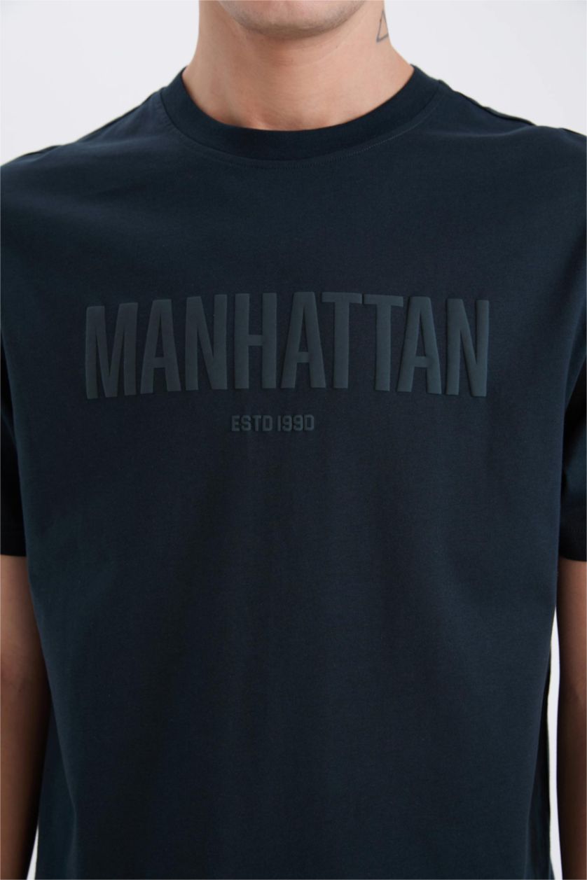 Erkek Lacivert %100 Pamuk Regular Fit Bisiklet Yaka Baskılı Kısa Kollu Tişört