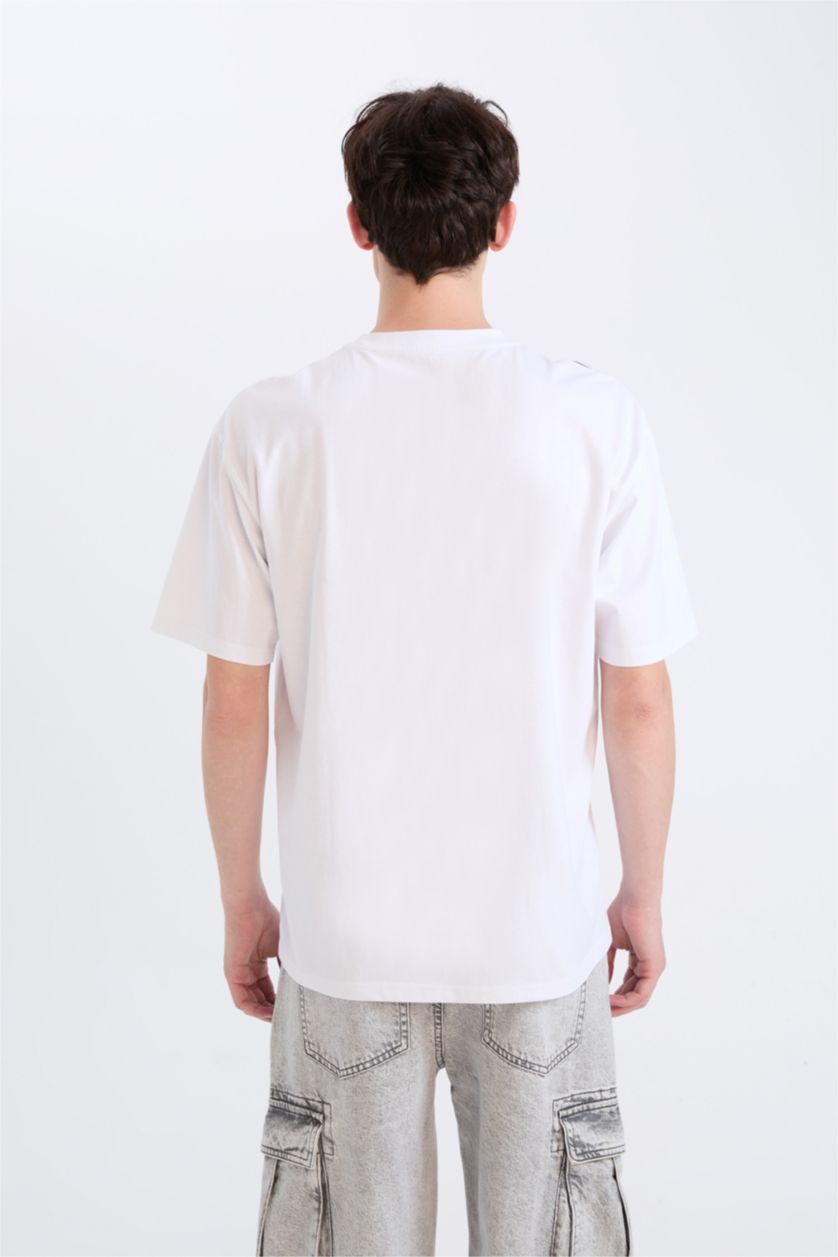 Erkek Beyaz %100 Pamuk Boxy Fit Bisiklet Yaka Baskılı Kısa Kollu Tişört