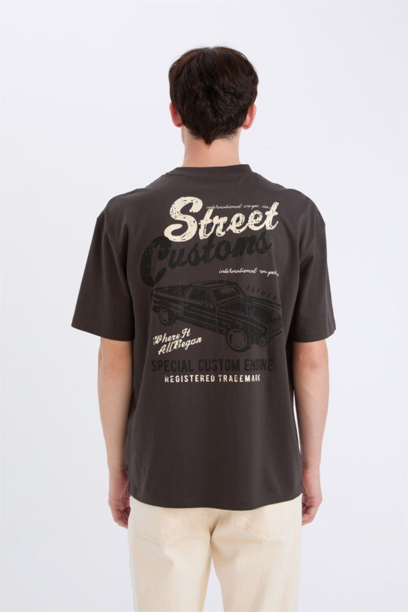 Erkek Antrasit %100 Pamuk Boxy Fit Bisiklet Yaka Sırt Baskılı Kısa Kollu Tişört