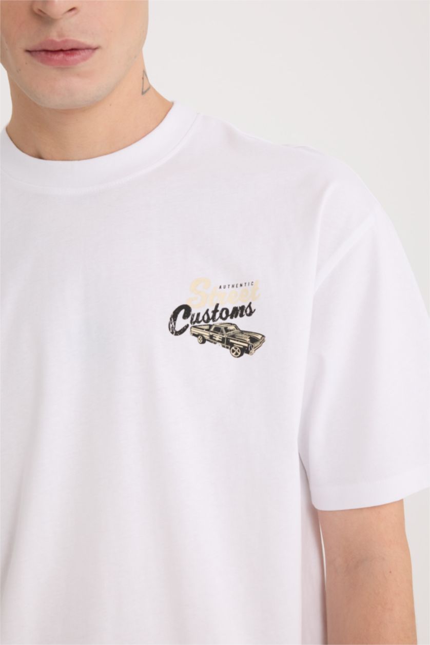 رجالي أبيض تيشيرت قطن نص كم اوفر سايز بطبعة من الخلف