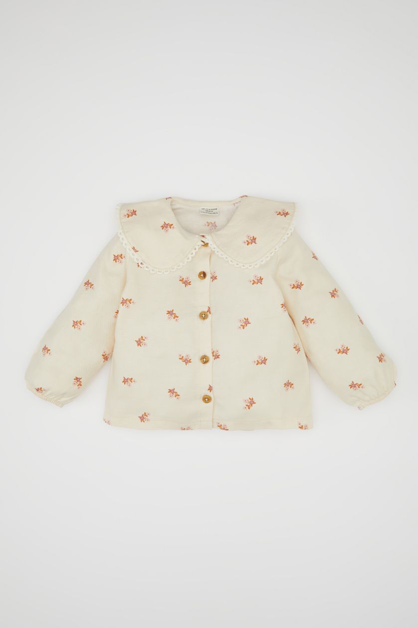 Baby Girl Light Stone Girl Large Collar Floral Patterned Buttoned Twill Shirt