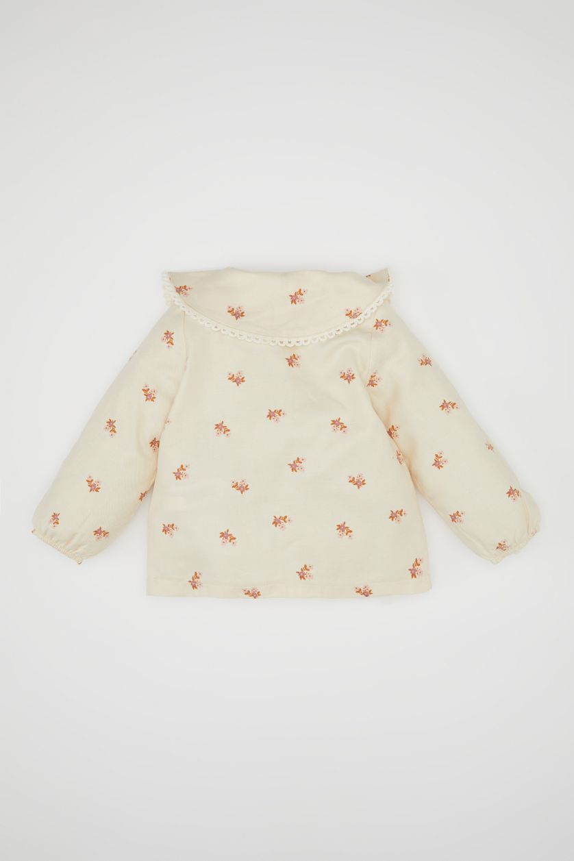 Baby Girl Light Stone Girl Large Collar Floral Patterned Buttoned Twill Shirt