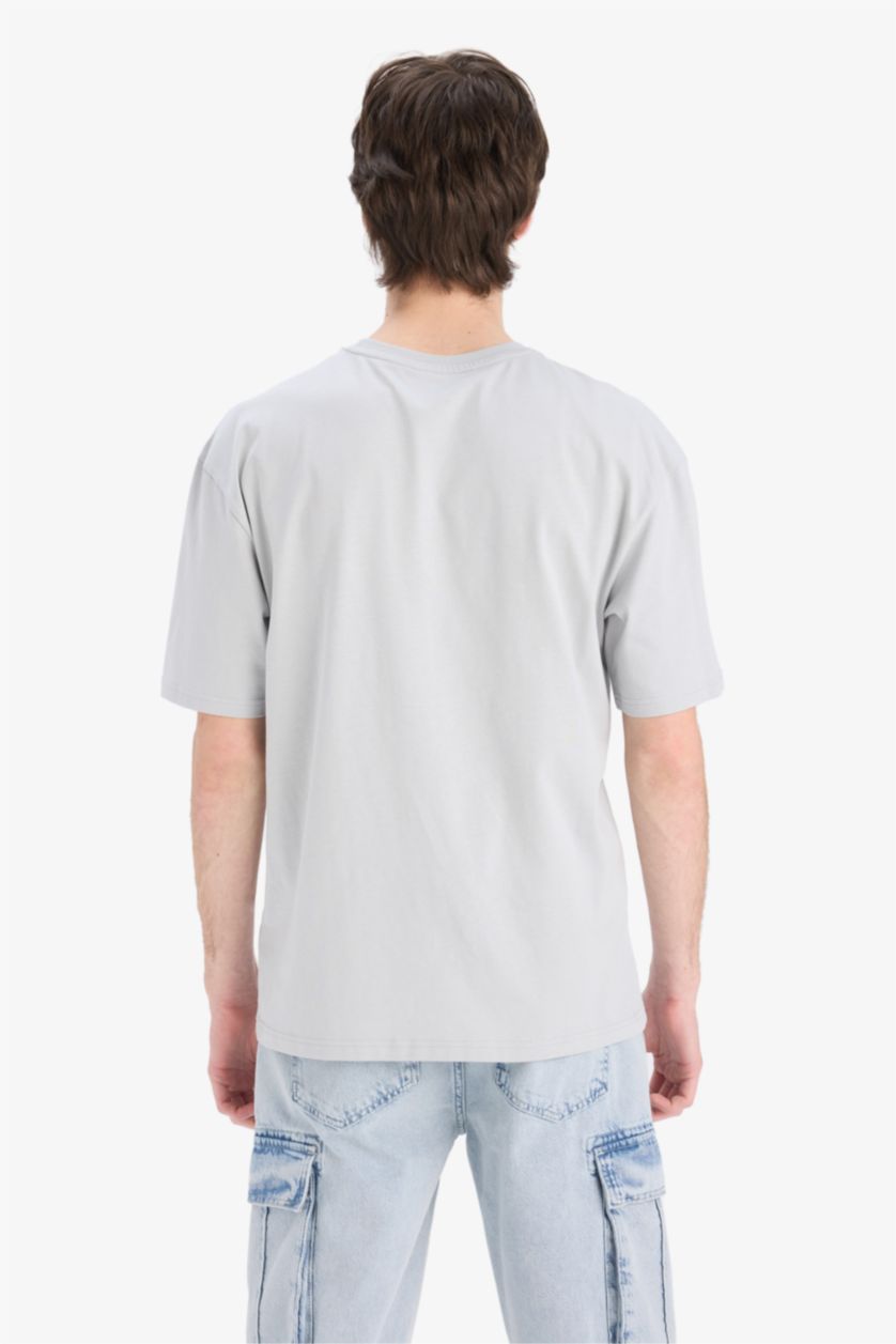 رجال رمادي فاتح تيشيرت نص ردن مطبوع أوفر سايز بياقة مستديرة