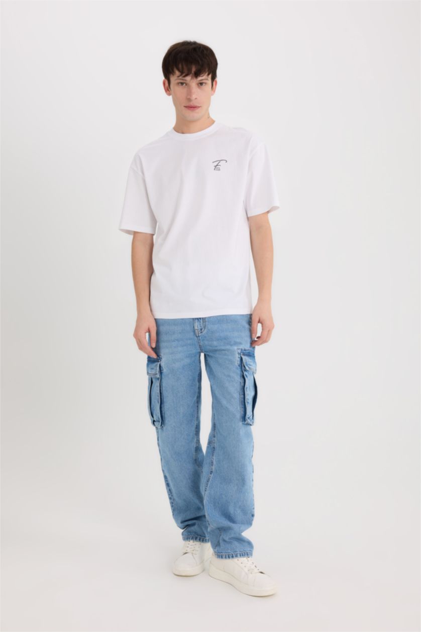 Man White Comfort Fit Crew Neck Printed Short Sleeve T-Shirt