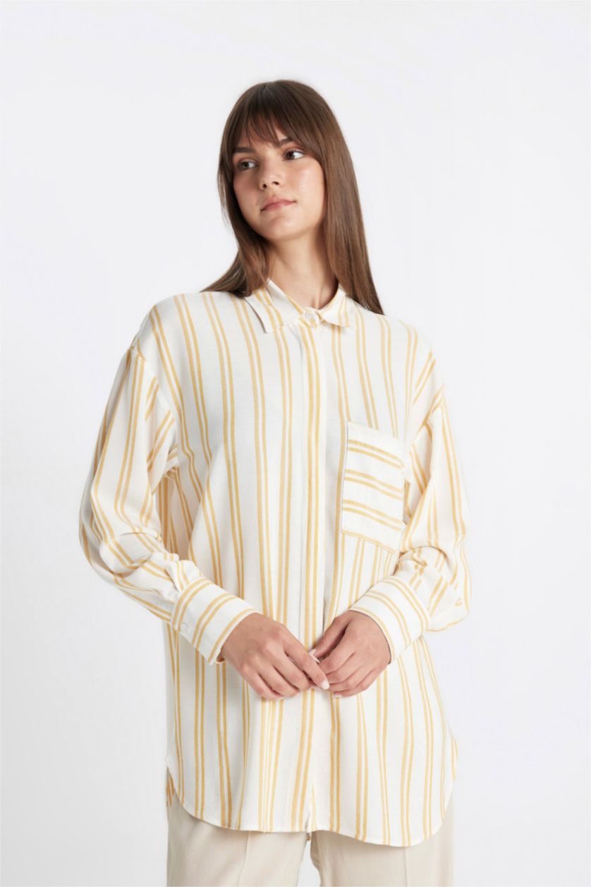 Kadın Ekru Relax Fıt Çizgili Viskon Uzun Kollu Tunik