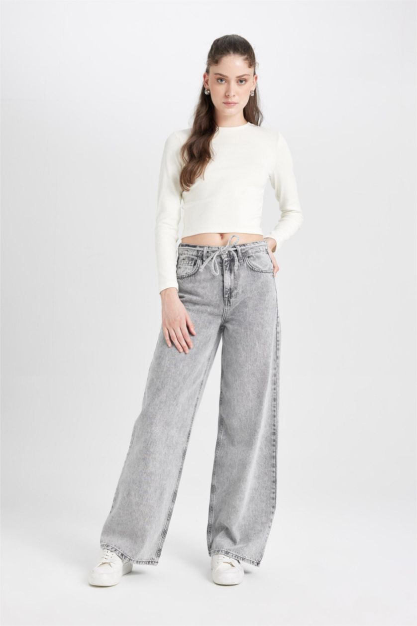 FEMME Gris Pantalon Jean taille haute à Jambes larges délavé