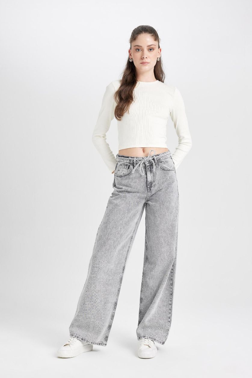 FEMME Gris Pantalon Jean taille haute à Jambes larges délavé
