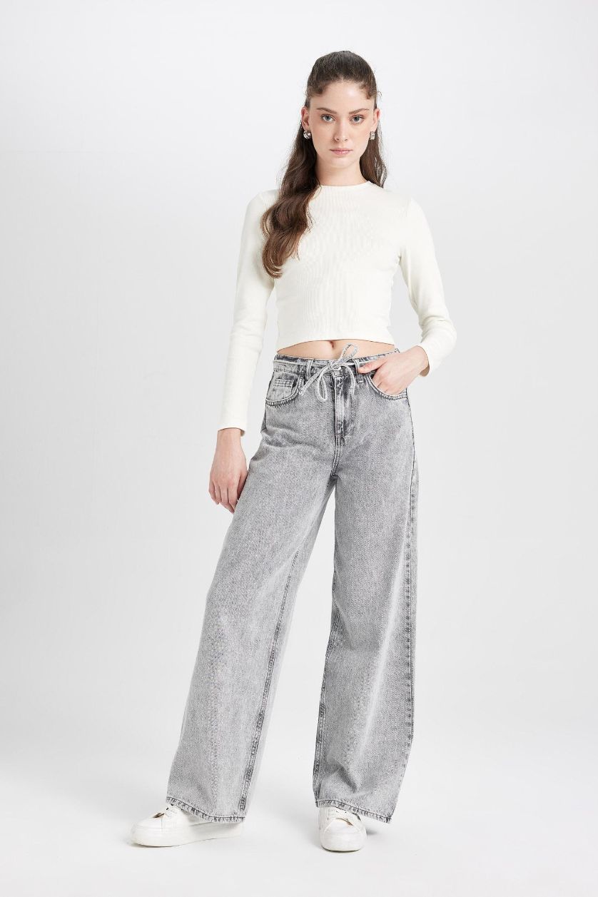 FEMME Gris Pantalon Jean taille haute à Jambes larges délavé