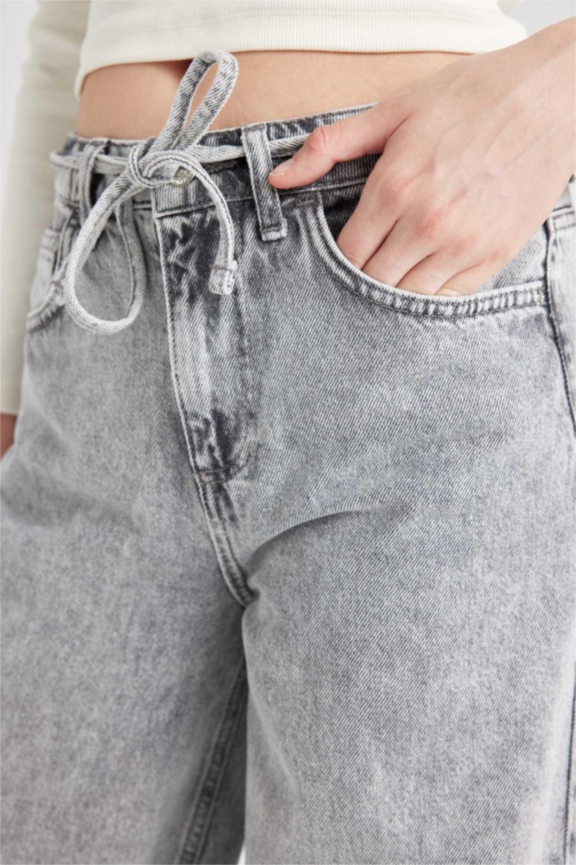 FEMME Gris Pantalon Jean taille haute à Jambes larges délavé