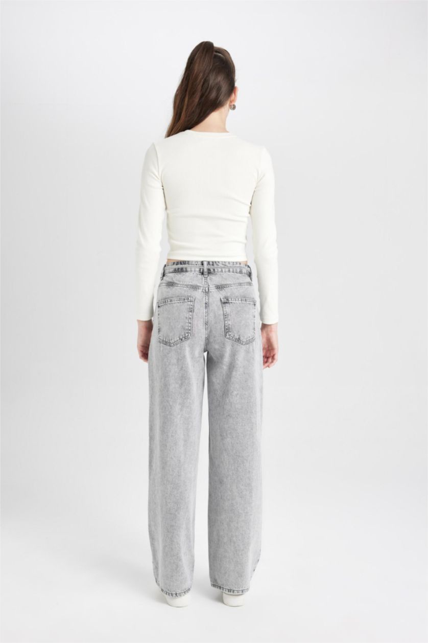 FEMME Gris Pantalon Jean taille haute à Jambes larges délavé