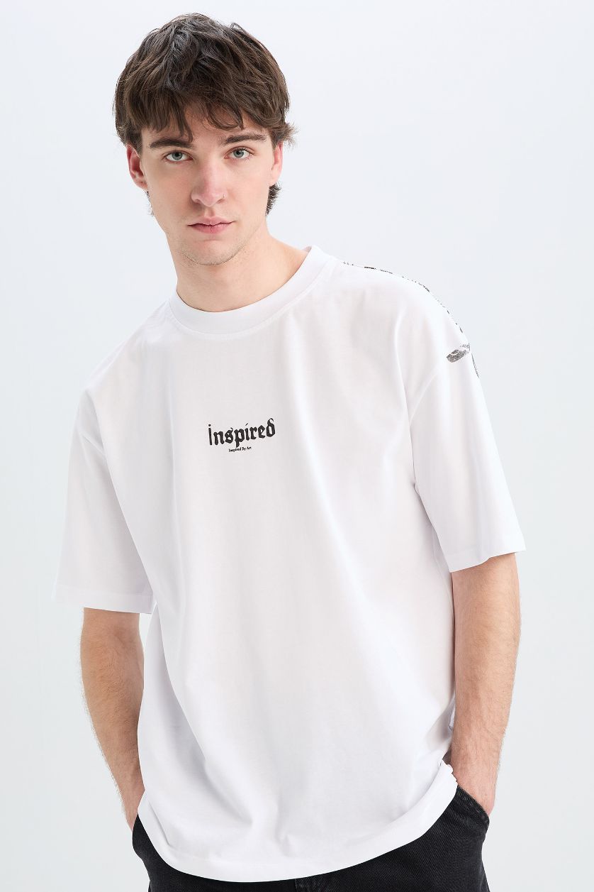 Мужчины Белый Футболка оверсайз с круглым вырезом и принтом