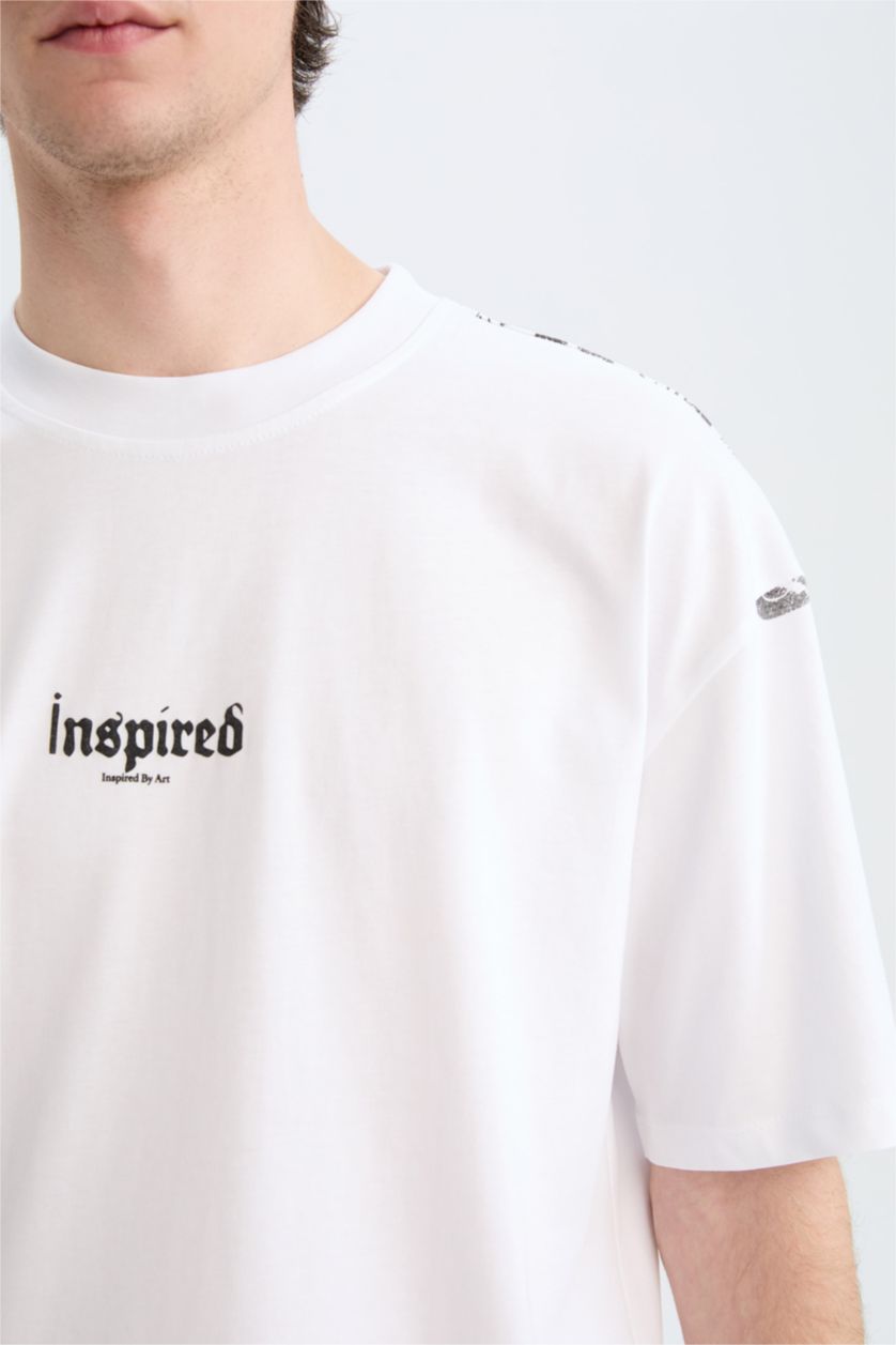 Мужчины Белый Футболка оверсайз с круглым вырезом и принтом