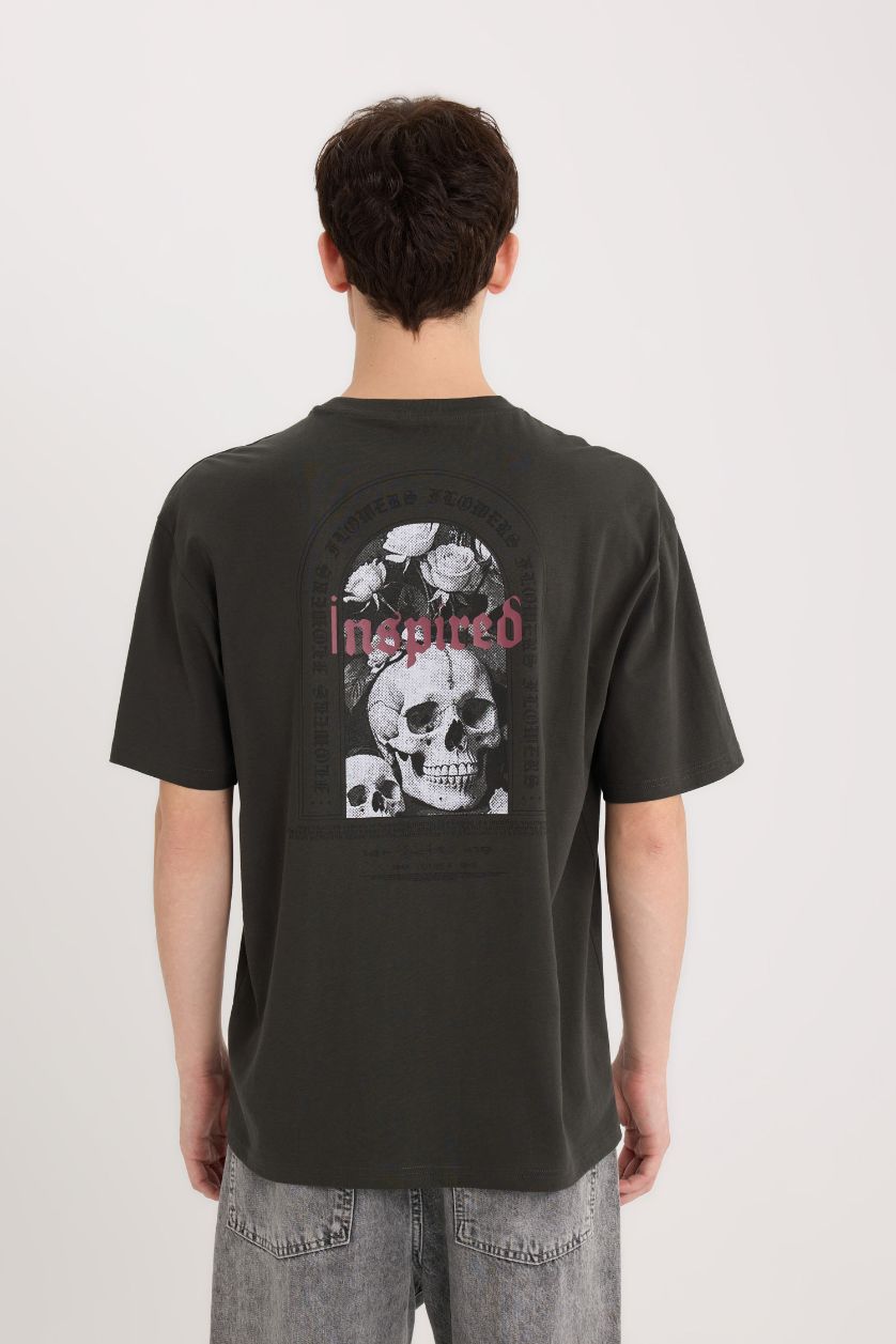 Erkek Koyu Antrasit %100 Pamuk Boxy Fit Bisiklet Yaka Sırt Baskılı Kısa Kollu Tişört