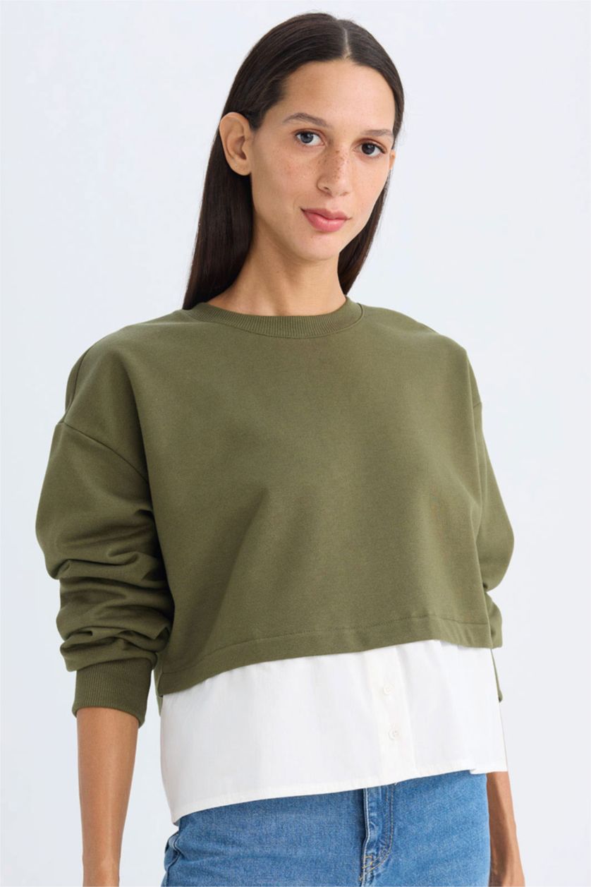 Woman Khaki Relax Fit Crew Neck Basic Sweatshirt