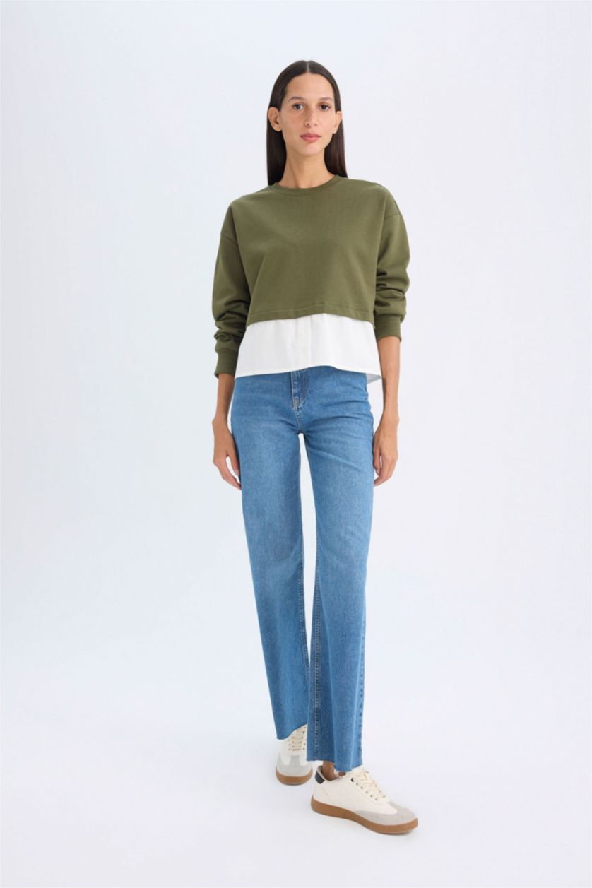 Woman Khaki Relax Fit Crew Neck Basic Sweatshirt