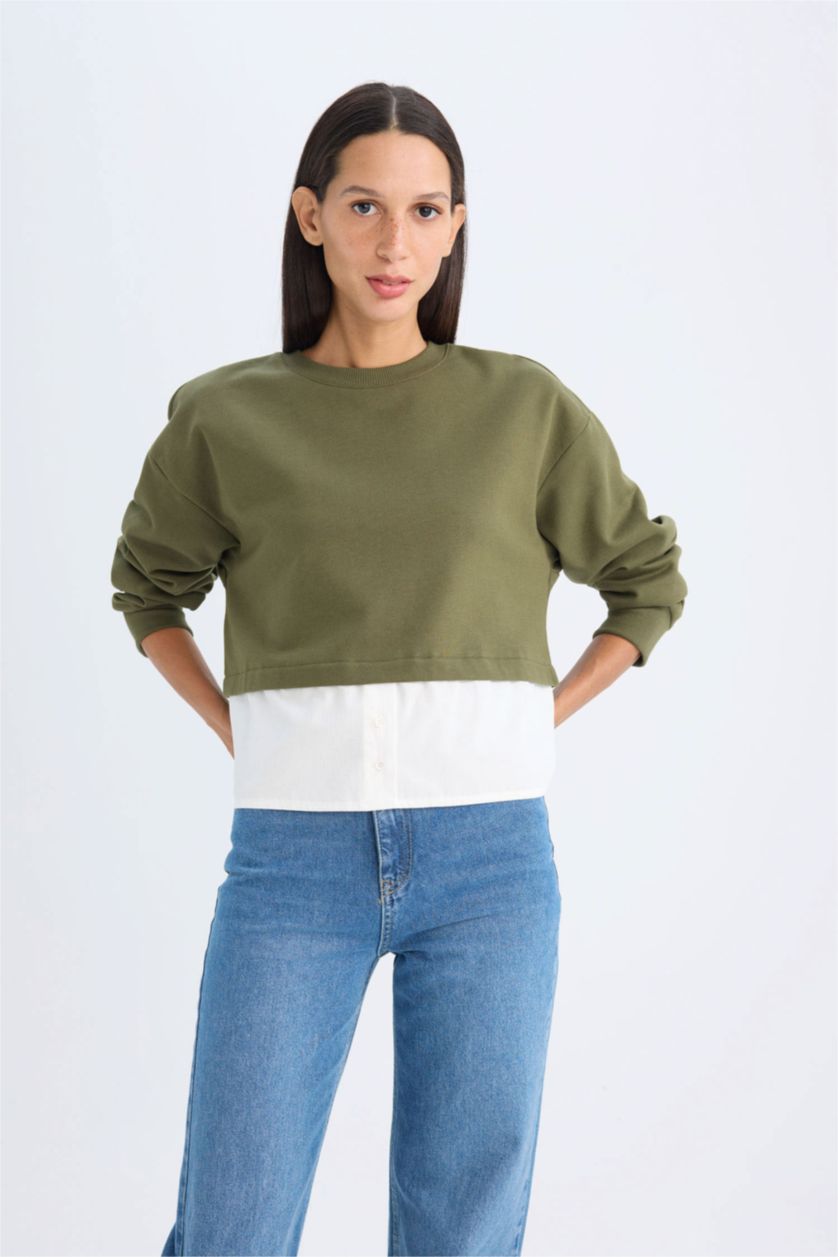 Woman Khaki Relax Fit Crew Neck Basic Sweatshirt