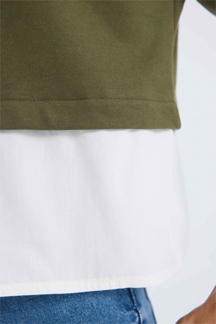 Woman Khaki Relax Fit Crew Neck Basic Sweatshirt