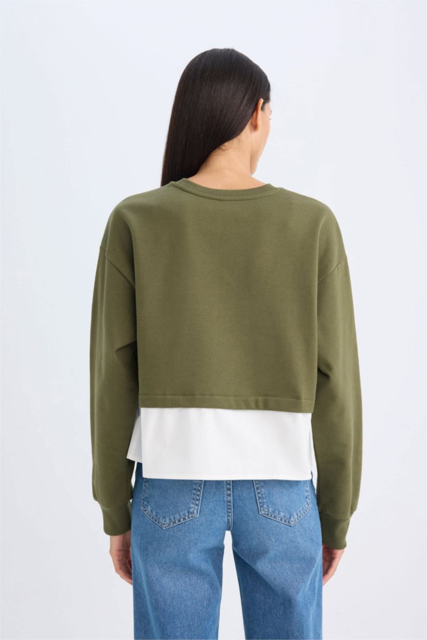 Woman Khaki Relax Fit Crew Neck Basic Sweatshirt