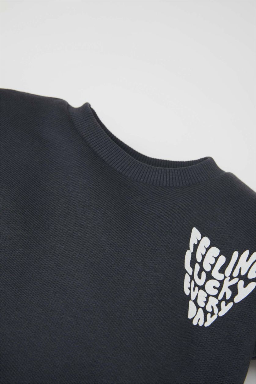 Kız Bebek Antrasit Kız Bebek Bisiklet Yaka  Baskılı Uzun Kollu Eteği Kareli Sweat Elbise