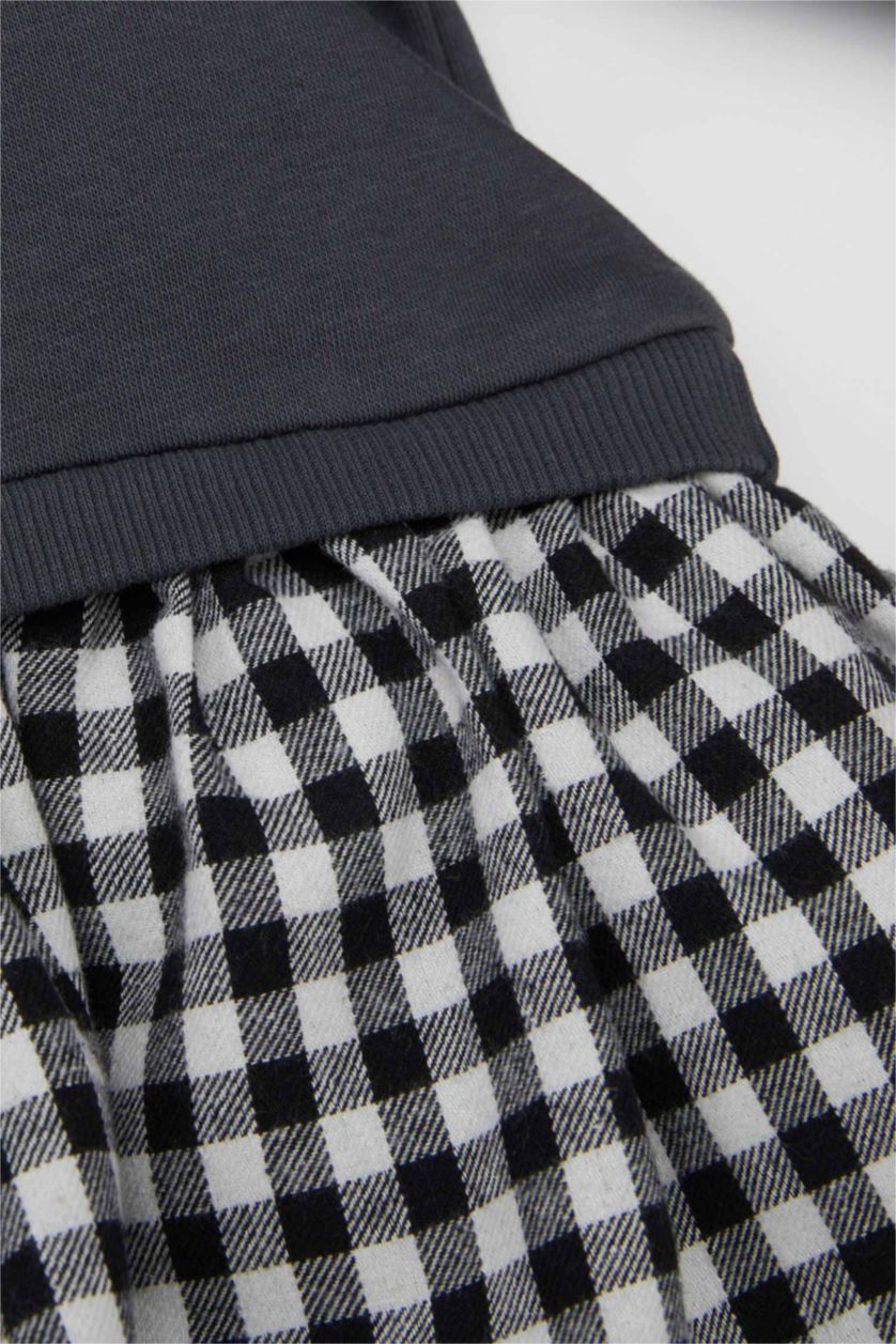 Kız Bebek Antrasit Kız Bebek Bisiklet Yaka  Baskılı Uzun Kollu Eteği Kareli Sweat Elbise