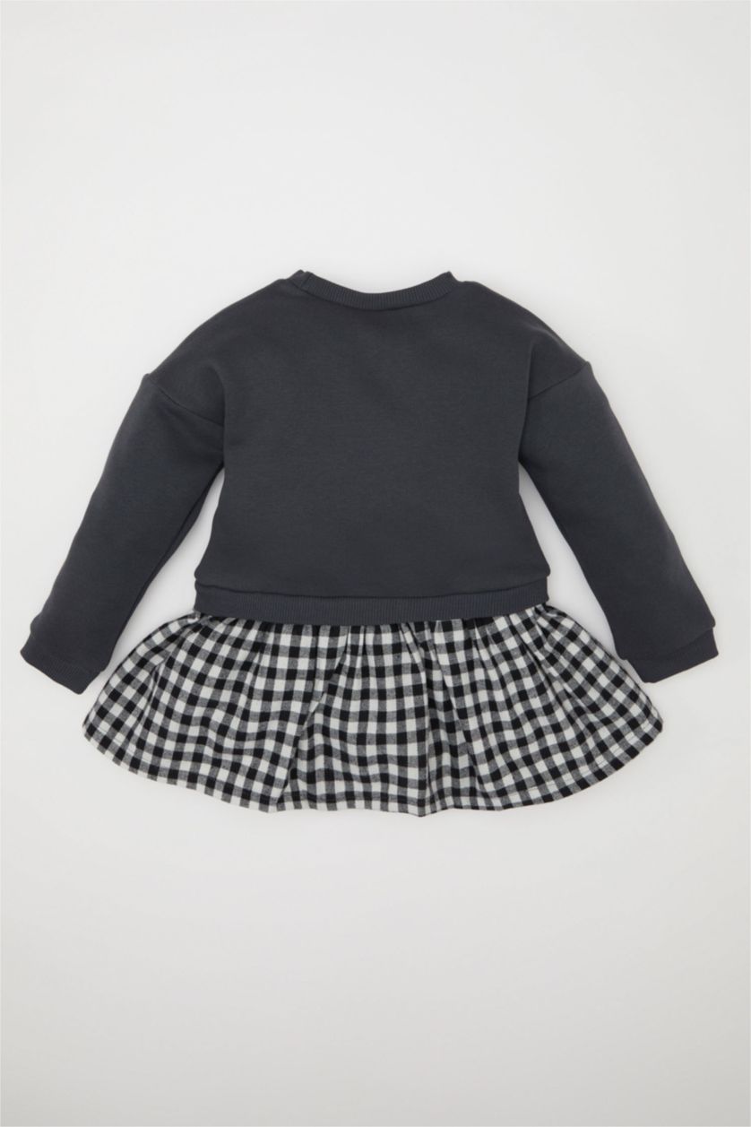 Kız Bebek Antrasit Kız Bebek Bisiklet Yaka  Baskılı Uzun Kollu Eteği Kareli Sweat Elbise