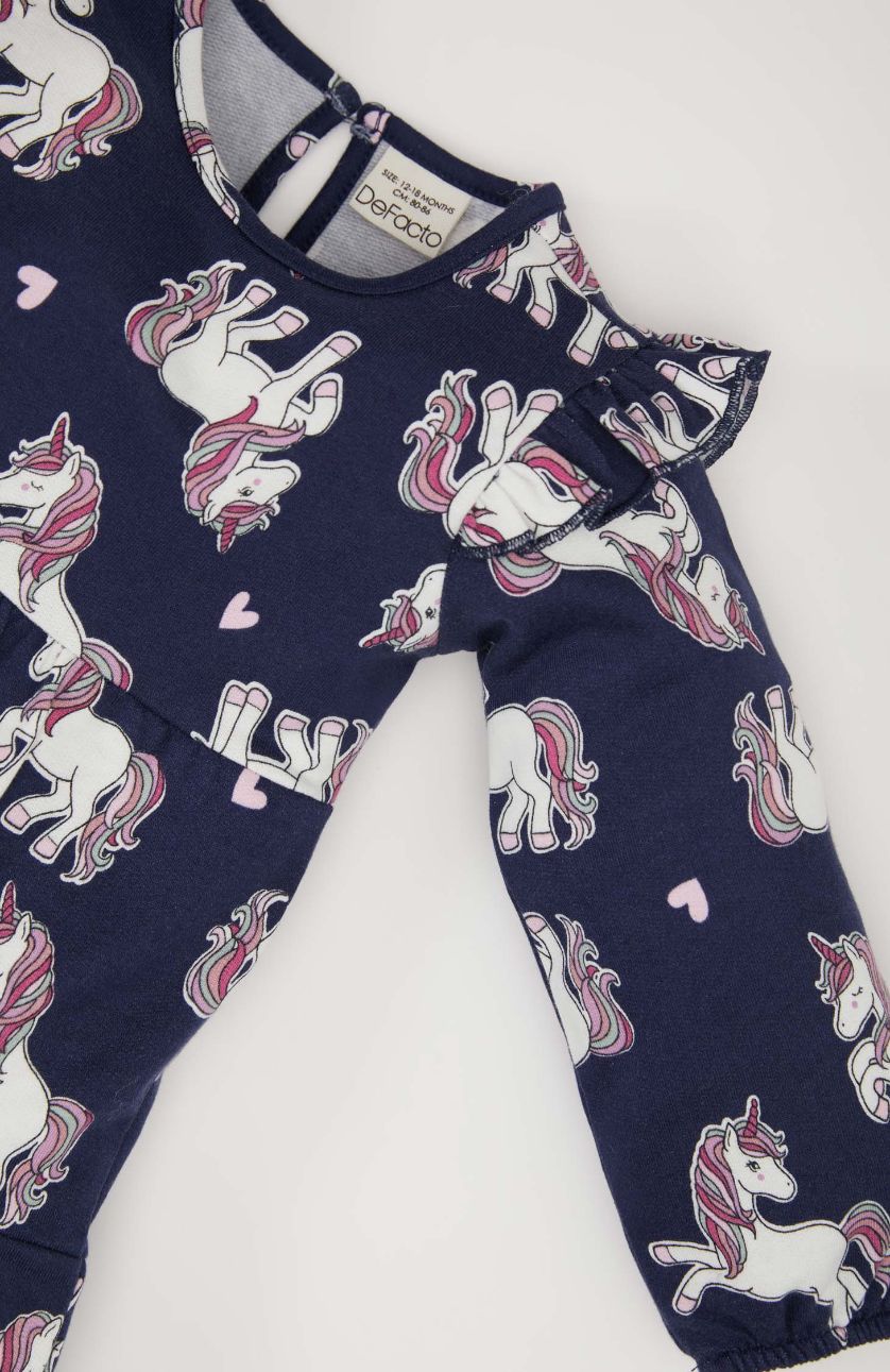 طفلة صغيرة كحلي فستان بناتي ردن طويل طويل بياخة مستديرة وطبعة يونيكورن