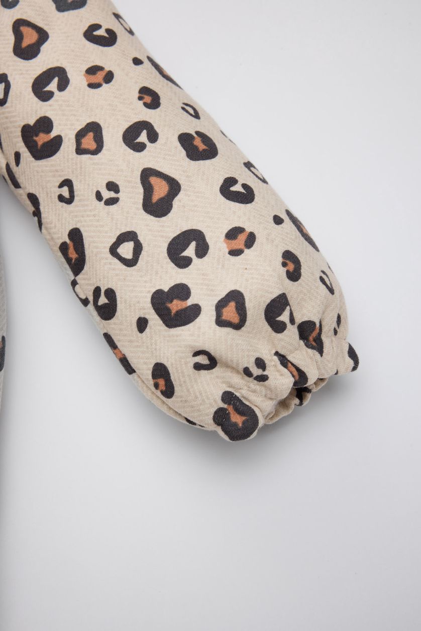 Kız Bebek Kum Leopar Desenli Düğmeli Fırfırlı Uzun Kollu Elbise Kız Bebek