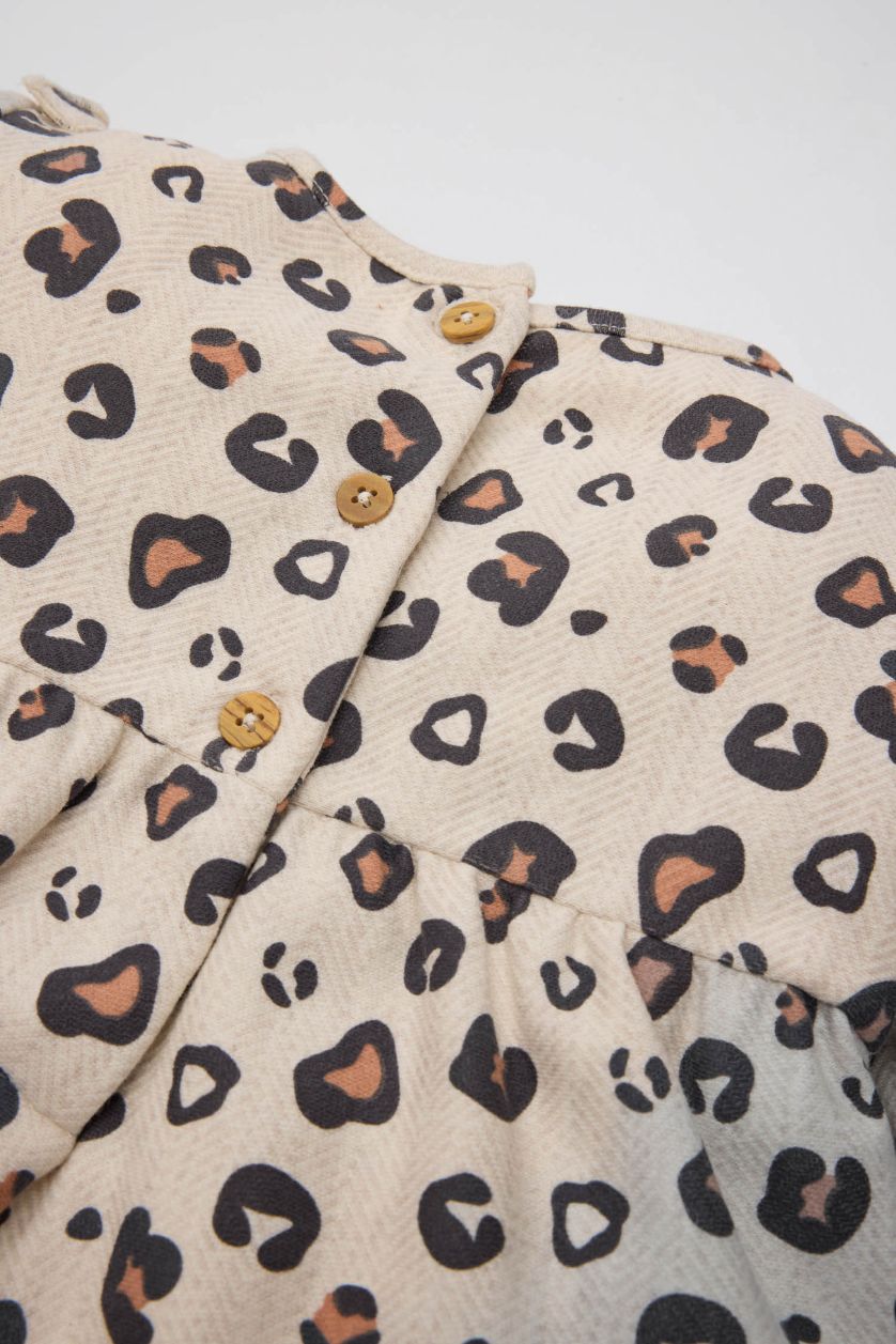 Kız Bebek Kum Leopar Desenli Düğmeli Fırfırlı Uzun Kollu Elbise Kız Bebek