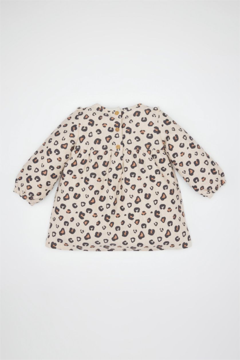 Kız Bebek Kum Leopar Desenli Düğmeli Fırfırlı Uzun Kollu Elbise Kız Bebek