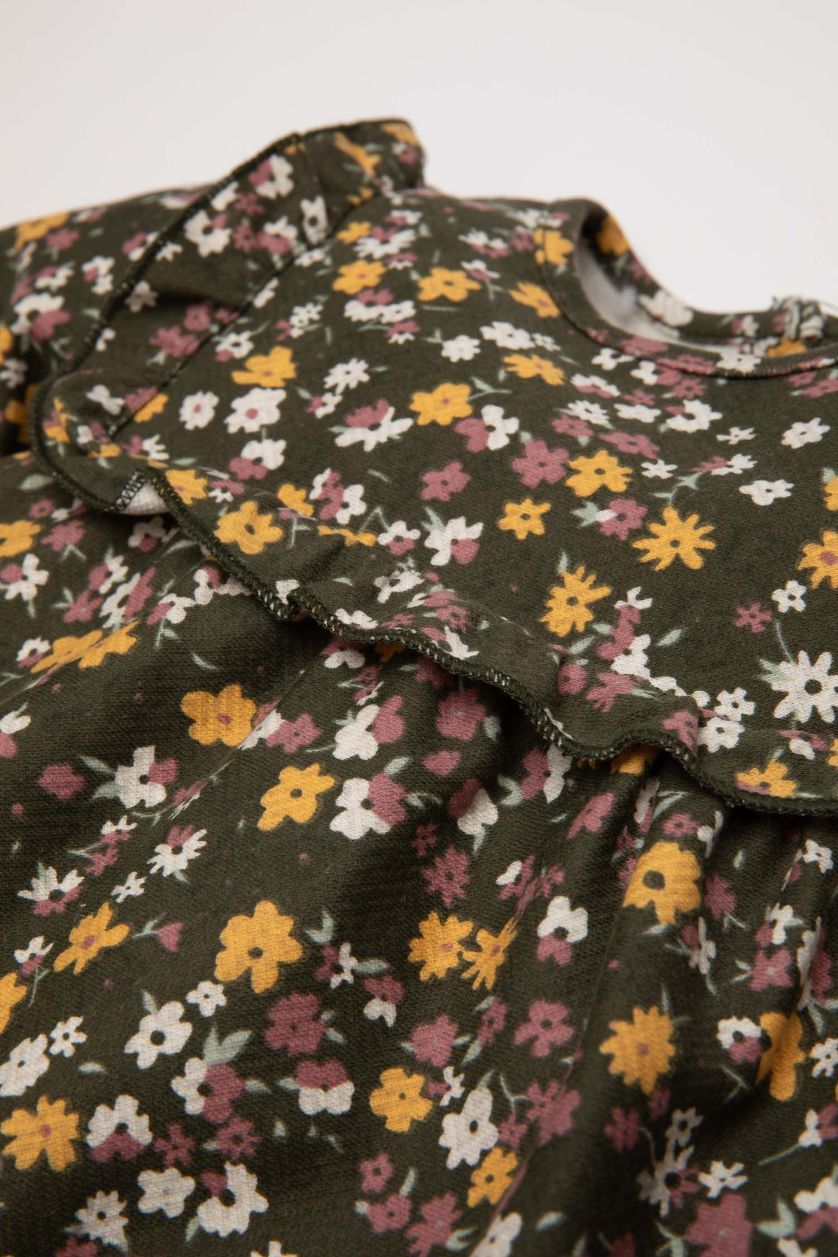 طفلة صغيرة كاكي فستان مطبوع كم طويل للبيبي بنت