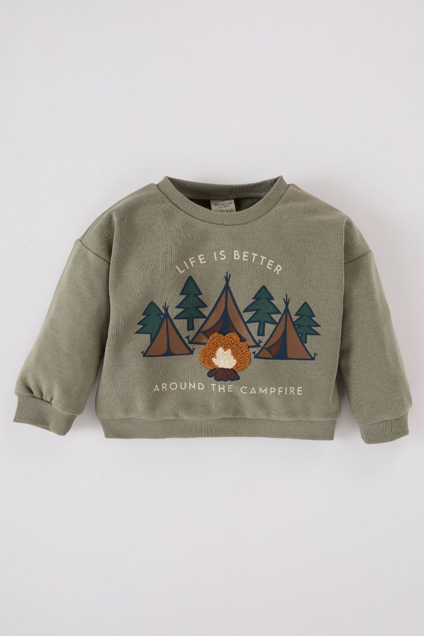 BÉBÉ GARÇON Kaki Clair Sweat-shirt à col rond avec imprimé nature à intérieur doux pour Bébé Garçon