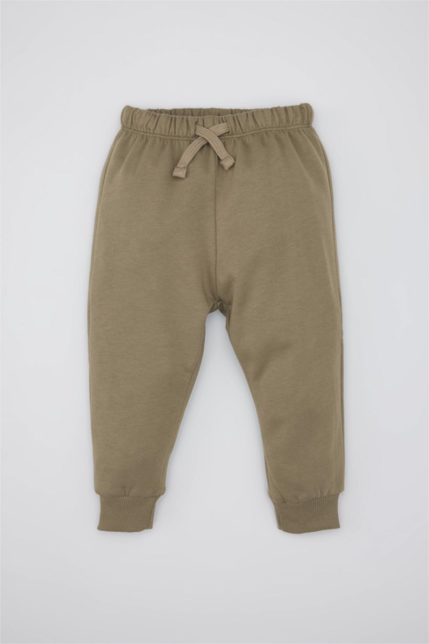 Erkek Bebek Açık Haki Erkek Bebek 2'li Takım Fermuarlı Dik Yaka Kanguru Cepli Sweatshirt Beli Lastikli Jogger Eşofman Altı