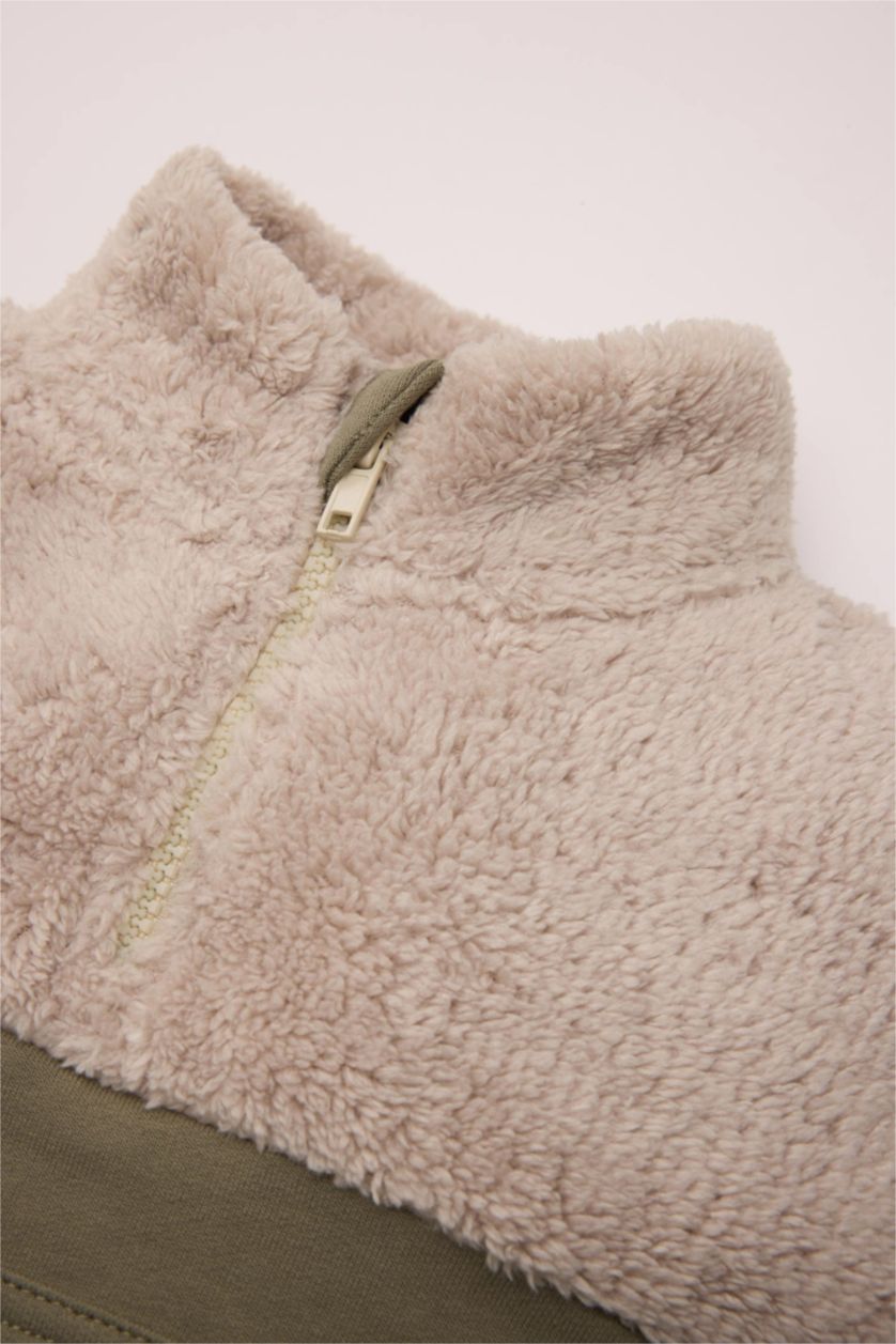 Erkek Bebek Açık Haki Erkek Bebek 2'li Takım Fermuarlı Dik Yaka Kanguru Cepli Sweatshirt Beli Lastikli Jogger Eşofman Altı