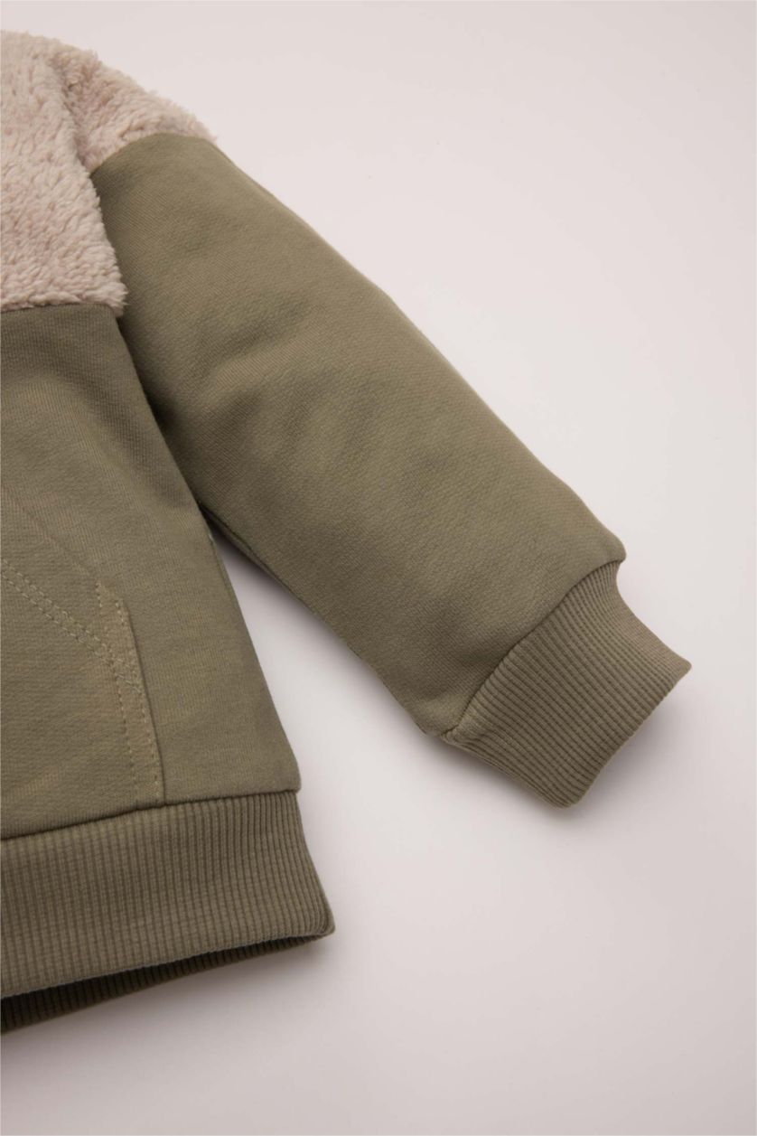 Erkek Bebek Açık Haki Erkek Bebek 2'li Takım Fermuarlı Dik Yaka Kanguru Cepli Sweatshirt Beli Lastikli Jogger Eşofman Altı