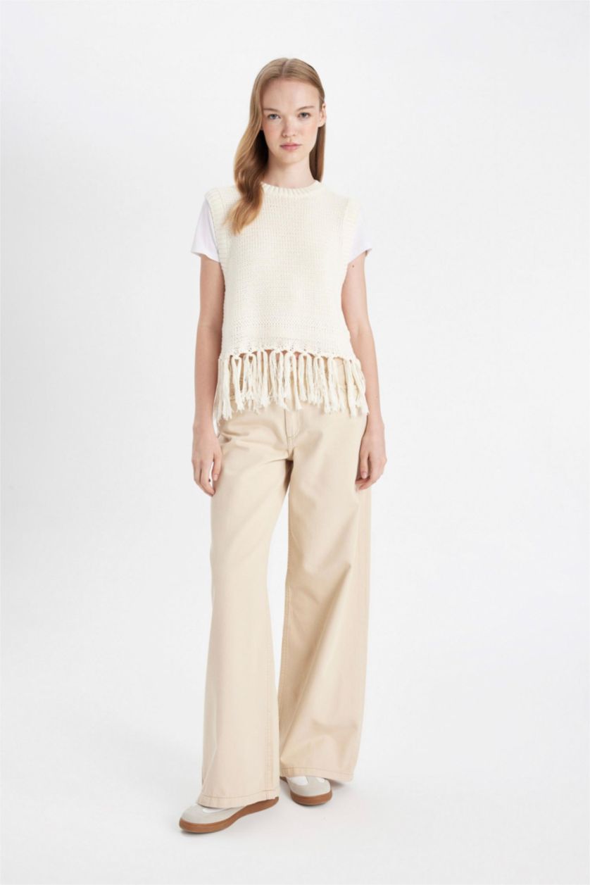 Kadın Açık Taş Bisiklet Yaka Basic Düz Püsküllü Triko Süveter