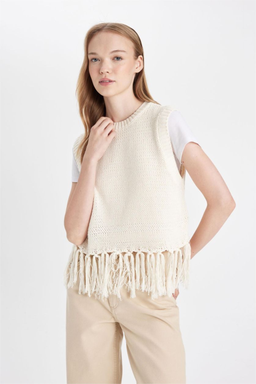 Kadın Açık Taş Bisiklet Yaka Basic Düz Püsküllü Triko Süveter