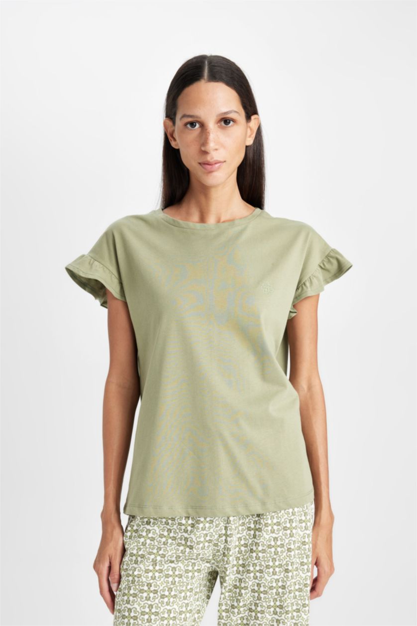 نساء كاكي طقم بيجاما قصة عادية نص كم - قطعتين