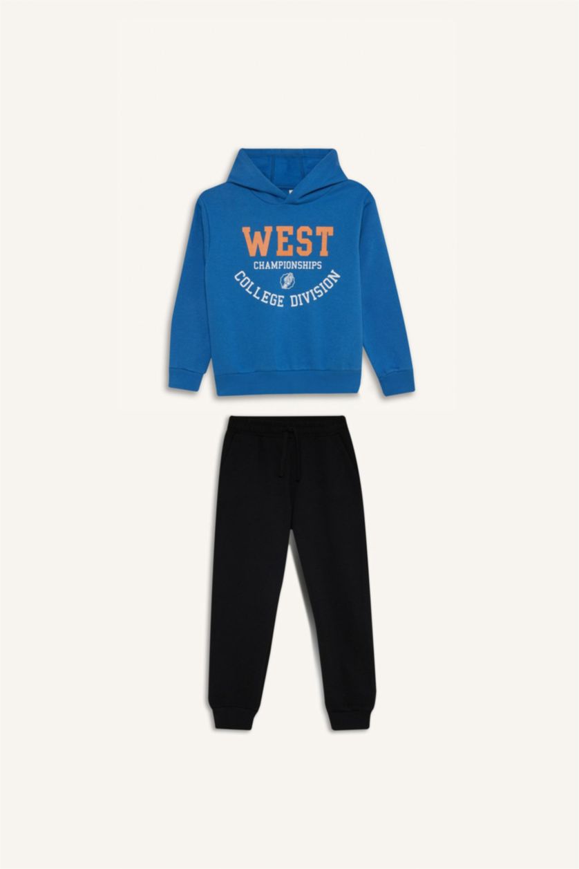 Erkek Çocuk - Genç Erkek Mavi Erkek Çocuk 2'li Takım Kapüşonlu Baskılı Sweatshirt Beli Lastikli Eşofman Altı