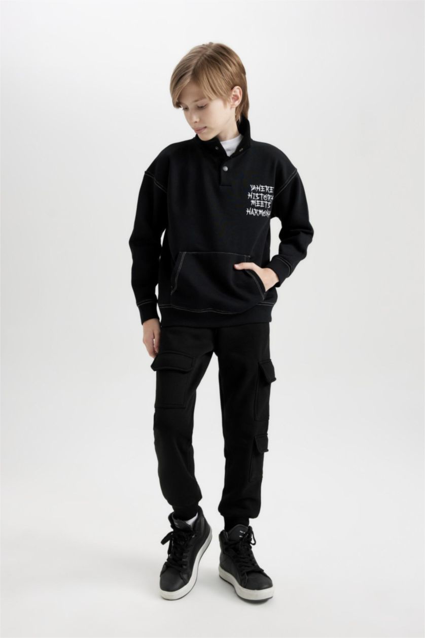 BOYS & TEENS Black Boy Black Oversize Fit Turtleneck Printed Sweatshirt